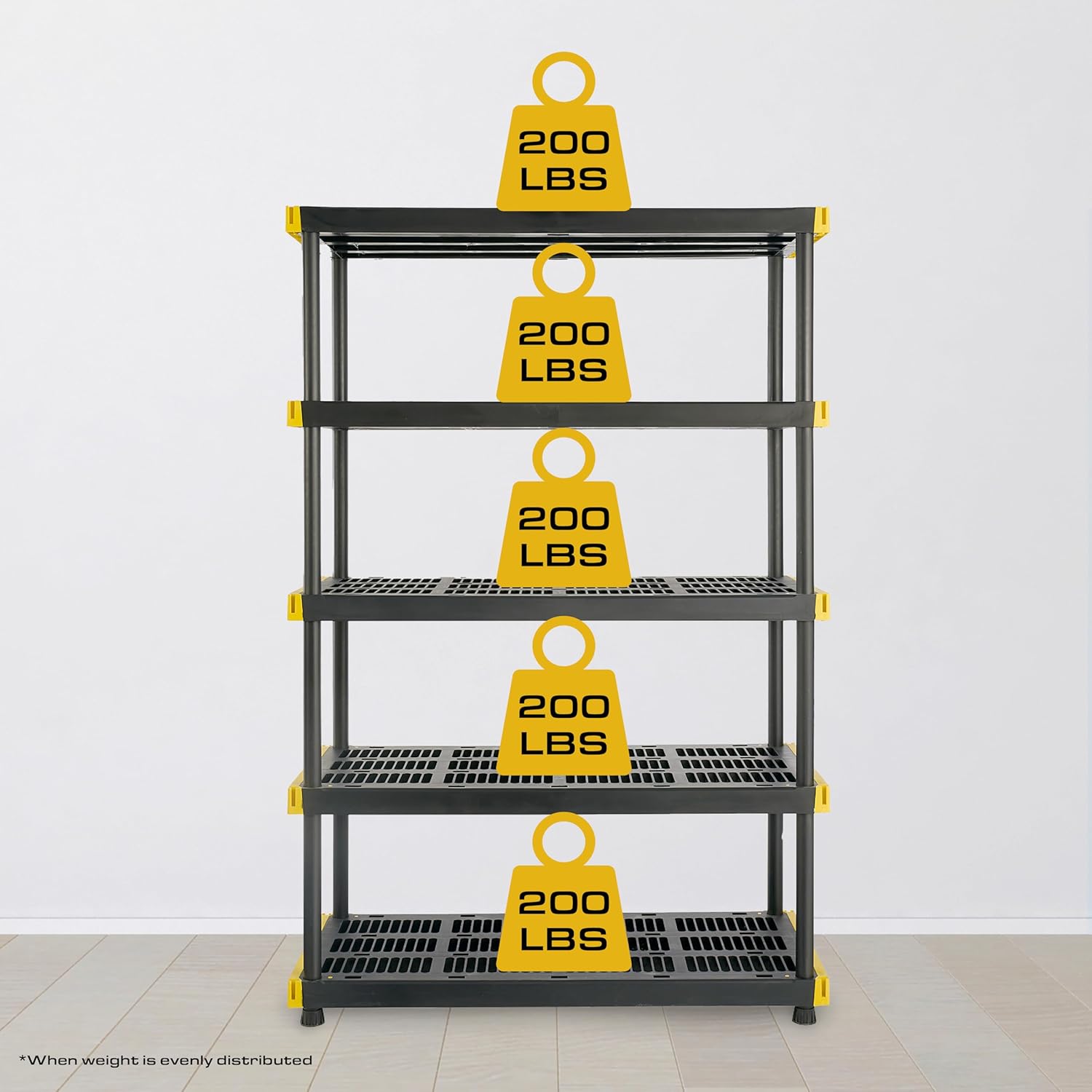 CX Black & Yellow, 5-Tier Heavy Duty Plastic Storage Shelves that Support up to 200lbs/shelf, Organization and Storage, Weather-Resistant Design, Easy Assembly (72”H x 48”W x 20”D)