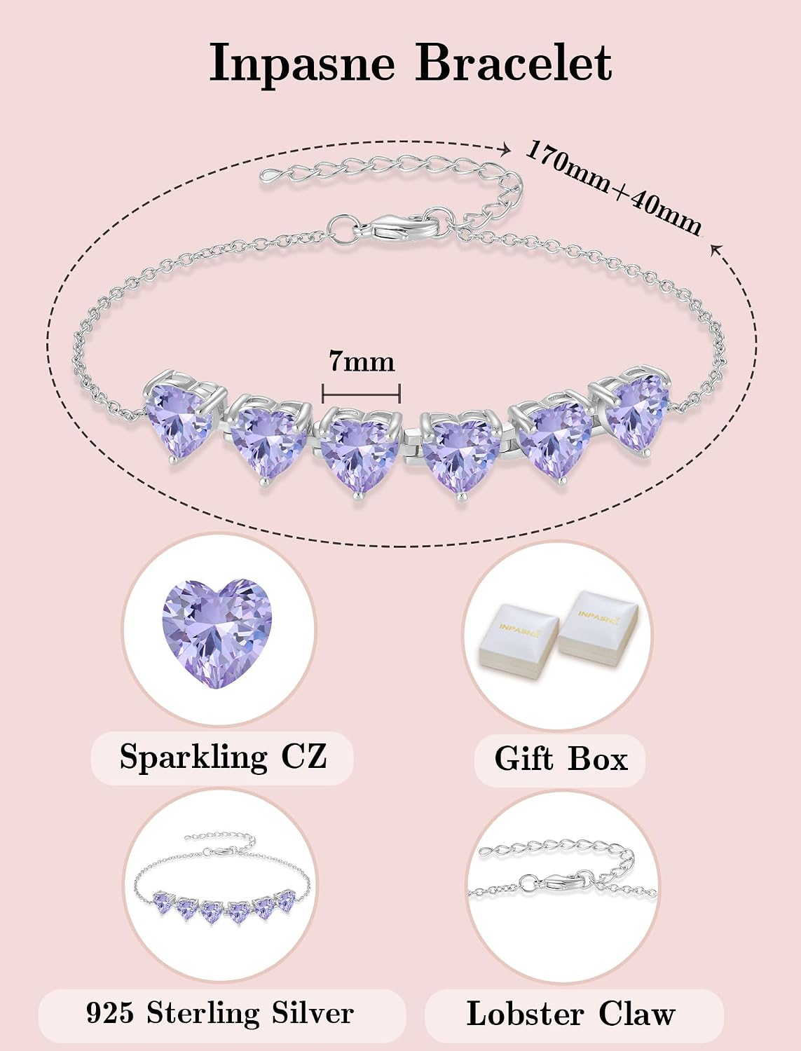 Alexandrite Jewelry Set Silver Tone Heart Shaped June Birthstone Necklace Earrings Bracelet for Women