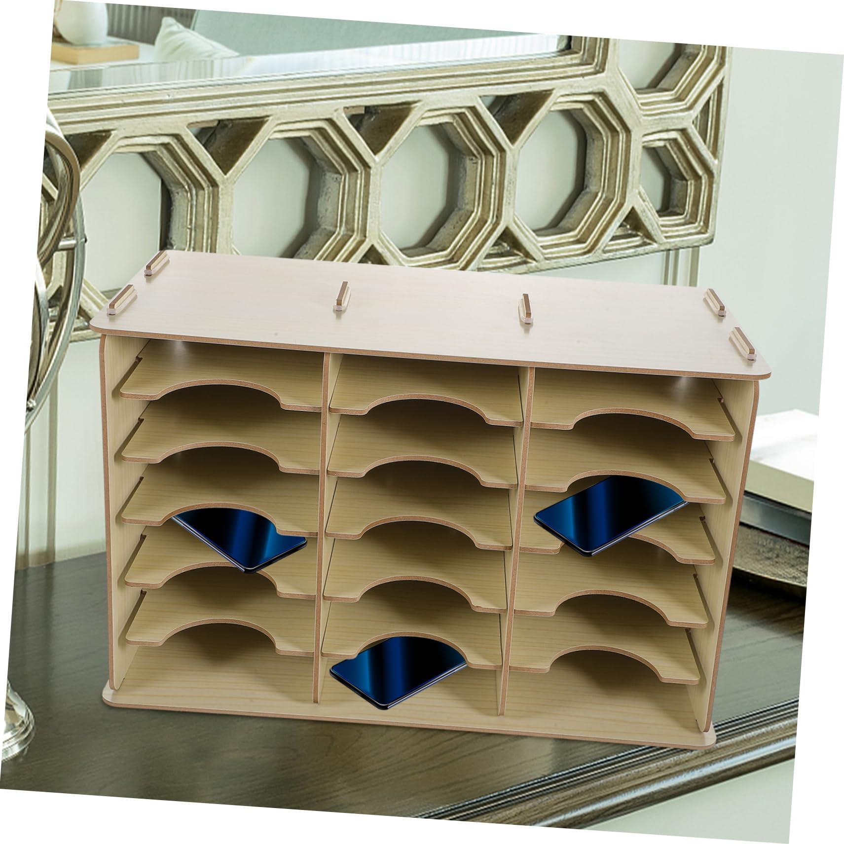 STOBOK Porta Cellulare in Legno per Scrivania Organizer da Tavolo Scomparti Multipli Espositore per Telefono Cellulare Scatola Portaoggetti da Ufficio