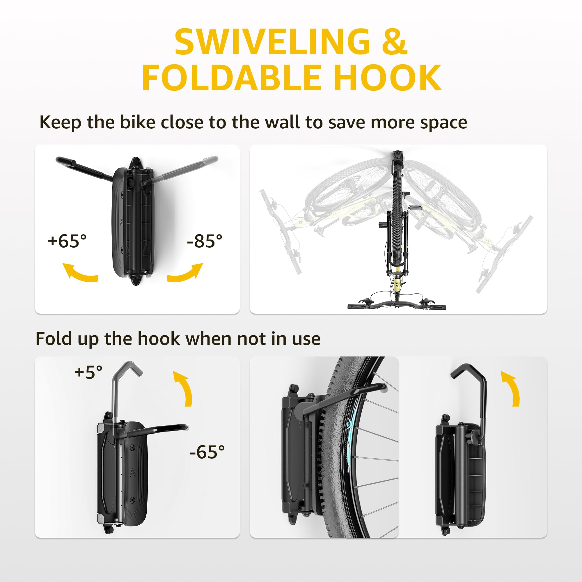 monTEK Swivel Bike Wall Mount, Space-Saving Vertical Bike Rack, Holds up to 30kg, Heavy Duty Bike Hook for Garage/Shed - Image 2