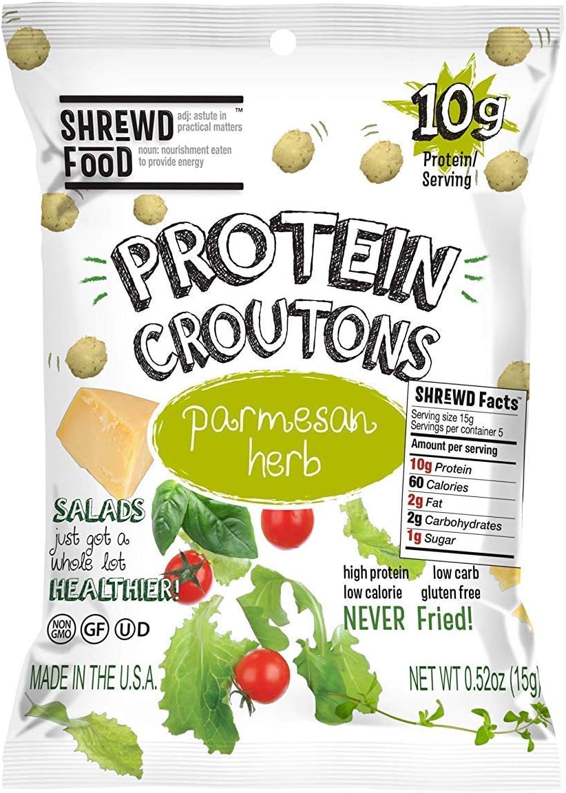 Shrewd Food Keto Protein Croutons - Low Carb, High Protein Snacks, Real Cheese, Gluten Free, Peanut Free, 10g Protein, 2g Carbs, Only 60 Calories - Parmesan Herb, 0.52 Oz (Pack of 10)