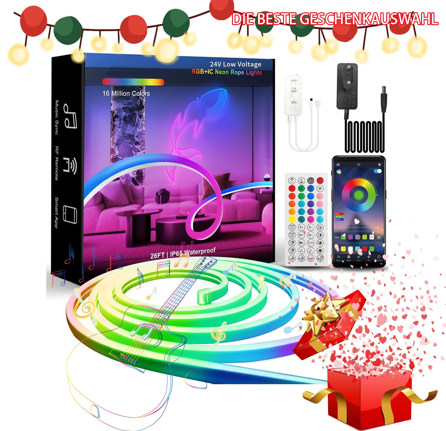 Neon LED Streifen 8M RGB+IC IP65 App-Steuerung 24V LED-Röhre | Flexible Silikon-Neonröhre mit Dreamcolor,Timer,Musik Sync und Fernbedienung für DIY Deko im Innen-und Außenbereich