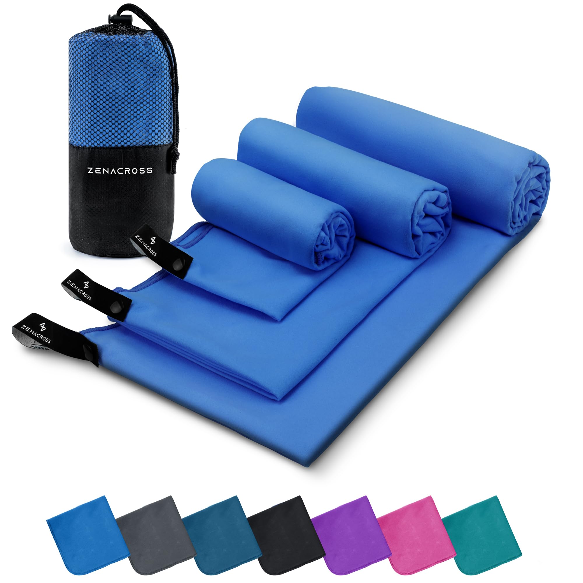 Zenacross Asciugamano Palestra Set di 3 con Borsa per il Trasporto - Asciugamano Microfibra a Rapida Asciugatura e Versatile - Telo Palestra Taglie XS, S, M - Blu