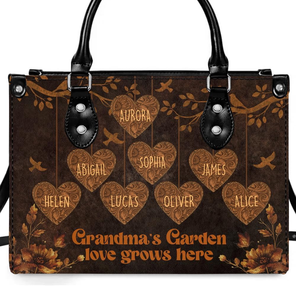 Mothers Day Gift Leather Bag- Personalized Grandmas Purse With Grandkids Names, Grandma Handbag Birthday Gifts For Mom Women