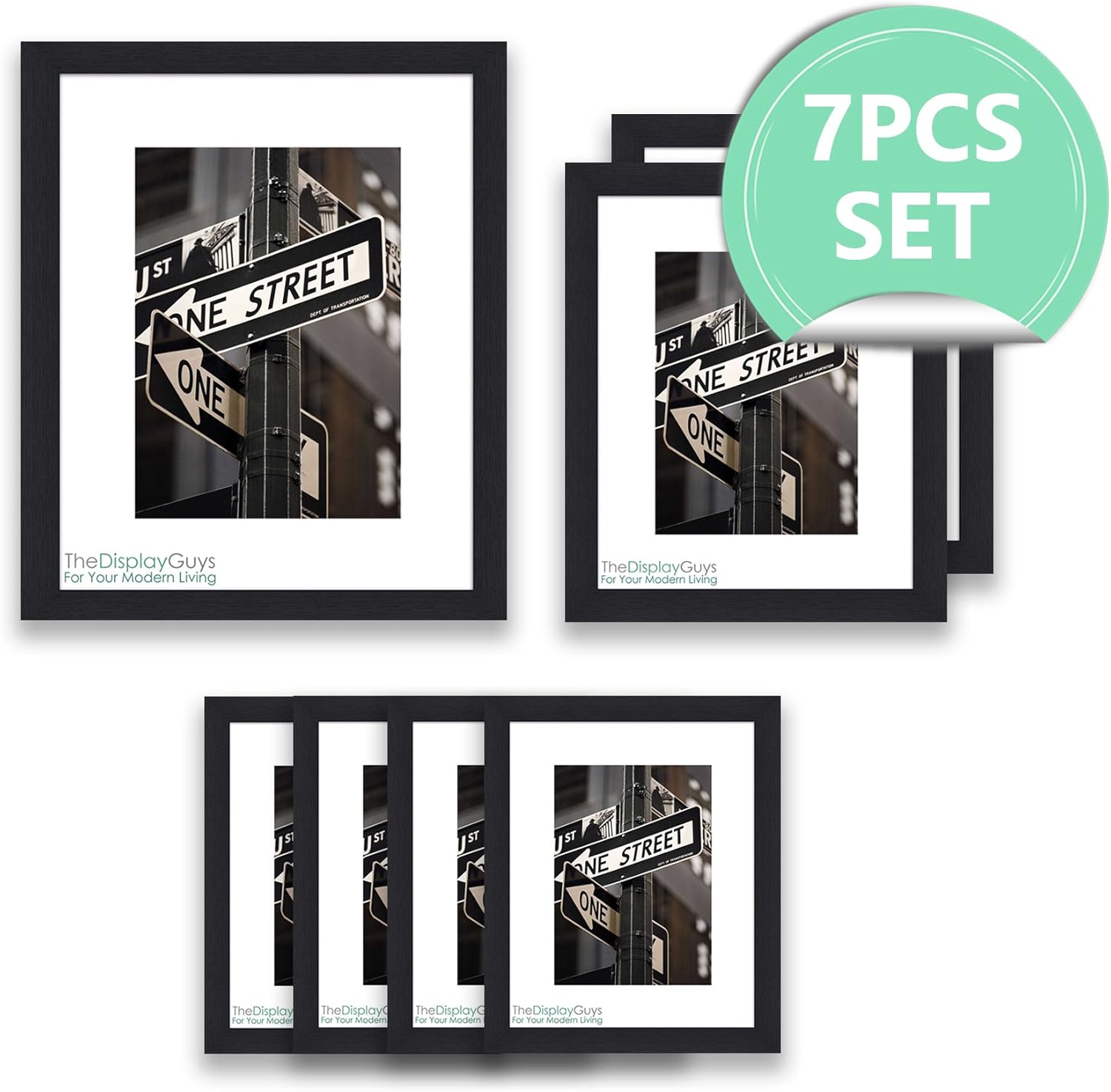 The Display Guys~ 7 Piece Black Wooden Photo Frame Set, One 16x20 Inches, Two 11x14 Inches, Four 8x10 Inches, Each Frame comes with 1pc White Core Mat Board, Luxury Made Affordable