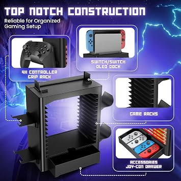 TNP Switch Organizer Station Game Storage Tower Stand for Nintendo Switch OLED with Dock Holder, 10 Game Case Vertical Shelf, 4 Controller Rack, Joy-con Drawer, Black