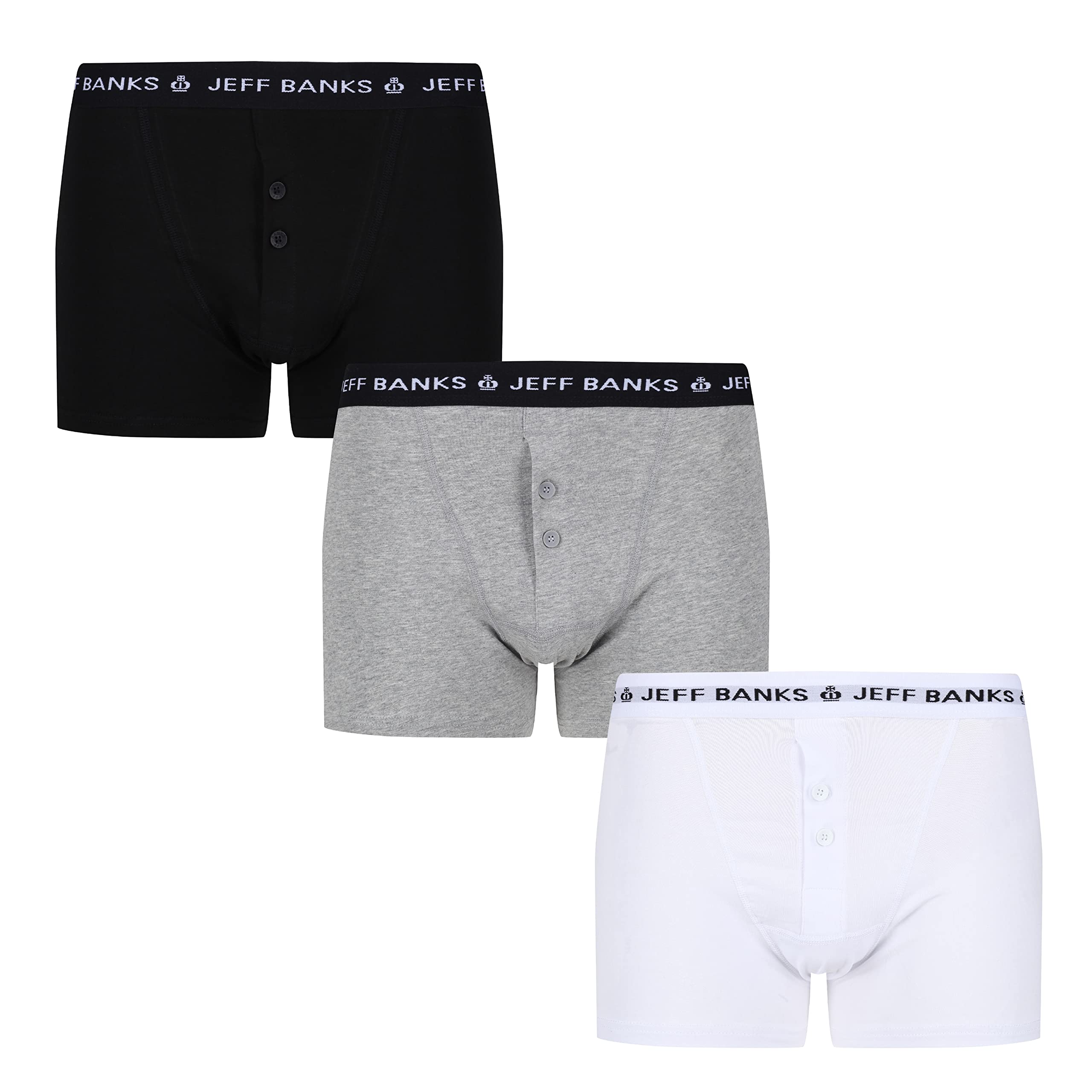 Jeff Banks Black/Grey/White Marlow Buttoned 3 Pack Boxer Shorts In In S