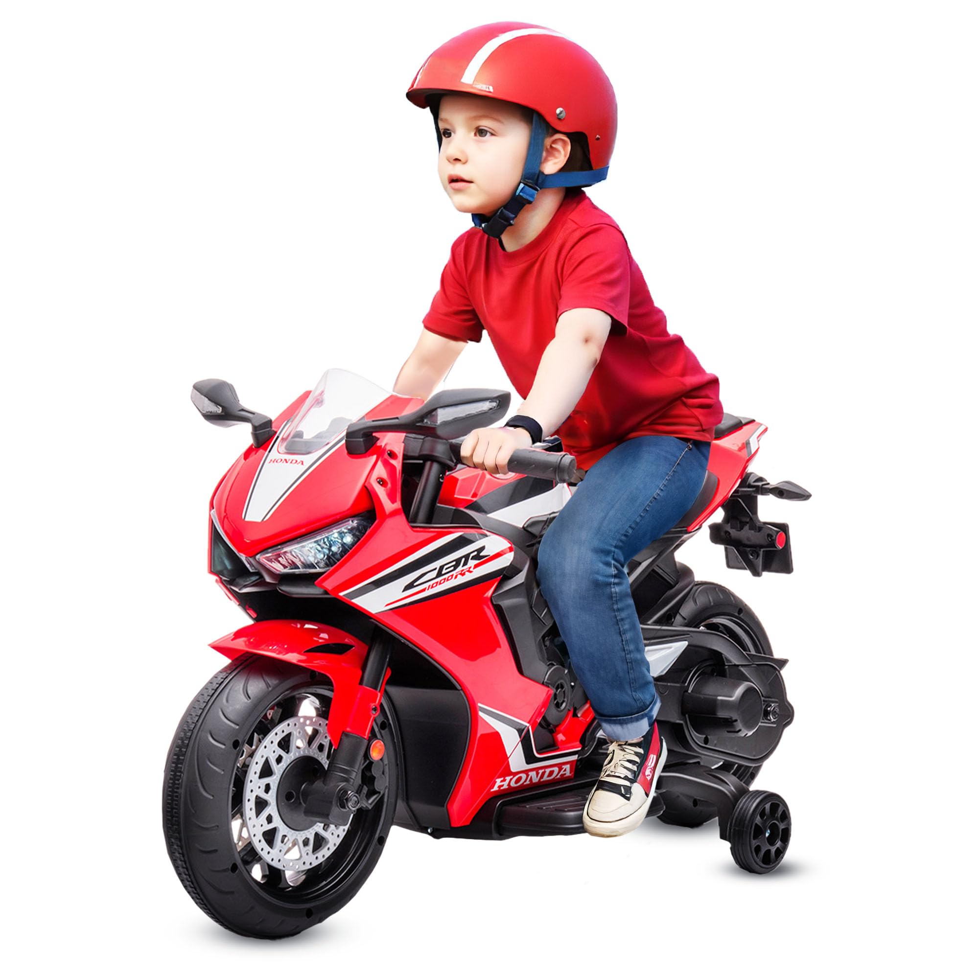 BabyCar Moto Elettrica Bambini Honda CBR 12V | Moto Elettrica Bambini 3-5 Anni con Luci, Suoni e Rotelle Stabilizzatrici | Batteria 12V 3,5Ah, Motore 30W e Acceleratore a Pedale | Rosso