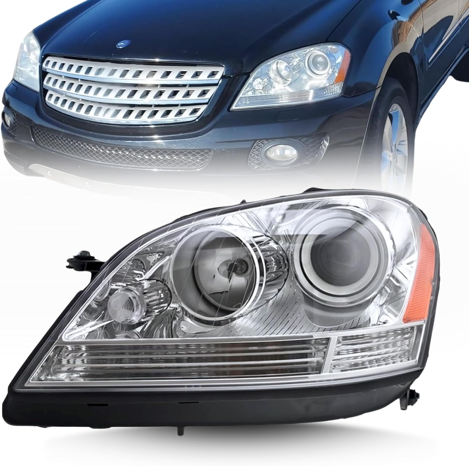 Halogen Headlight Assembly Set Compatible with Mercedes ML320 ML350 ML500 ML63 AMG, 2006 2007 CDI/4Matic/Base, – DOES NOT FIT Vehicles with Factory HID/Xenon Headlights - Left/Driver Side