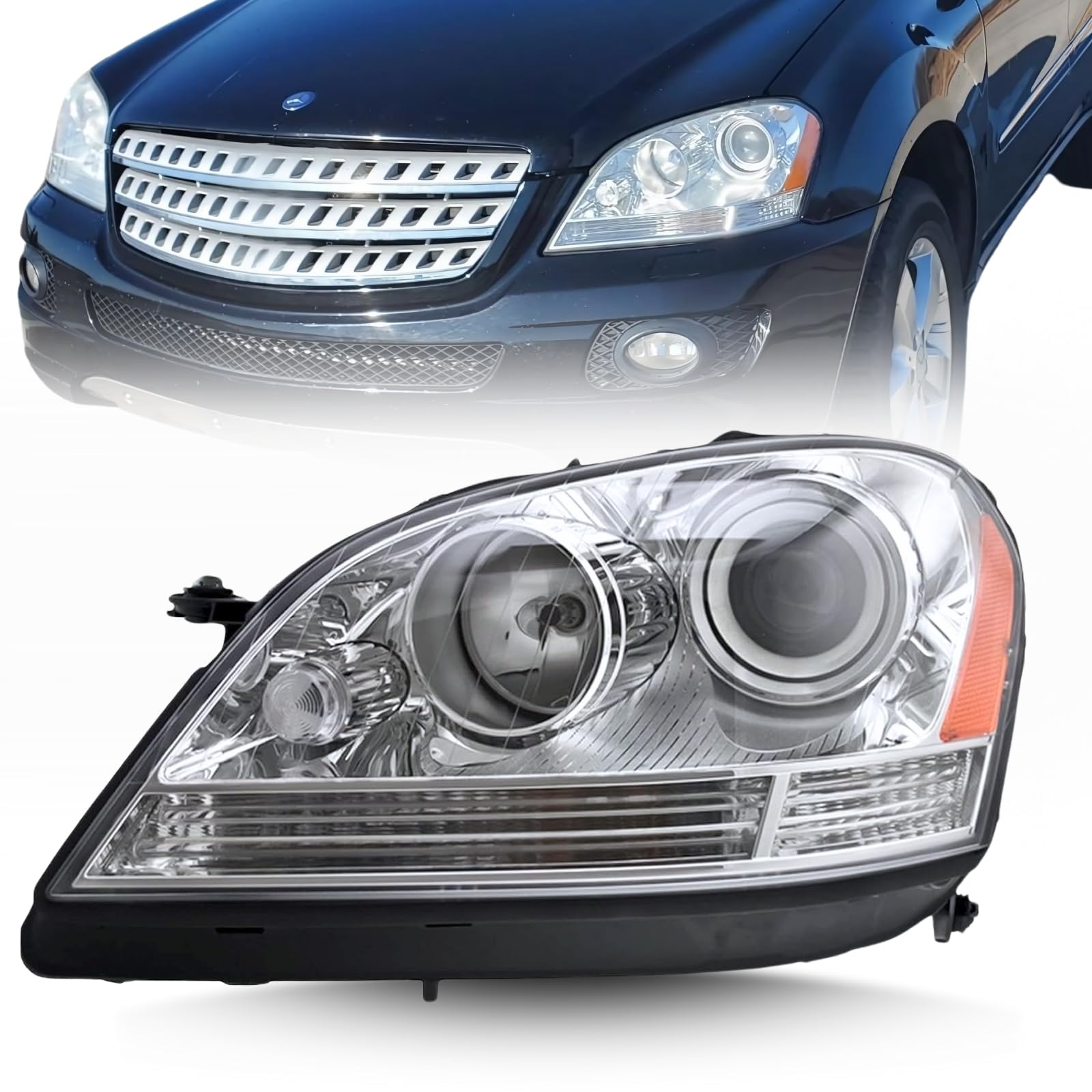 Halogen Headlight Assembly Set Compatible with Mercedes ML320 ML350 ML500 ML63 AMG, 2006 2007 CDI/4Matic/Base, – DOES NOT FIT Vehicles with Factory HID/Xenon Headlights - Left/Driver Side