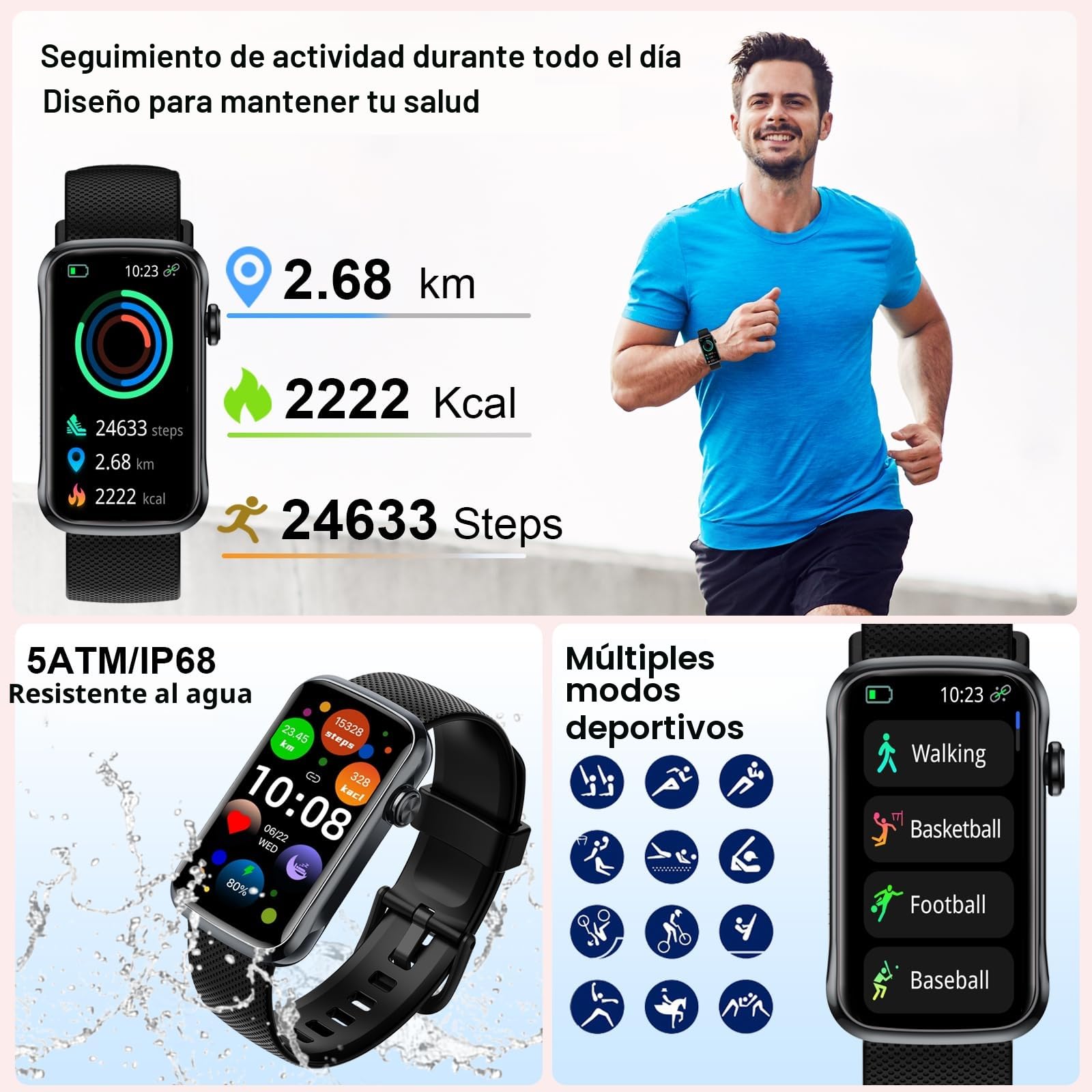 Motast Reloj Inteligente Mujer Hombre, 1,57” Ultraligero Pulsera Actividad | IP68 Smartwatch con Llamadas Bluetooth, 123+ Modos Deportivos, Monitor de Sueño/Pulsómetro/SpO2 Smart Band para Android iOS