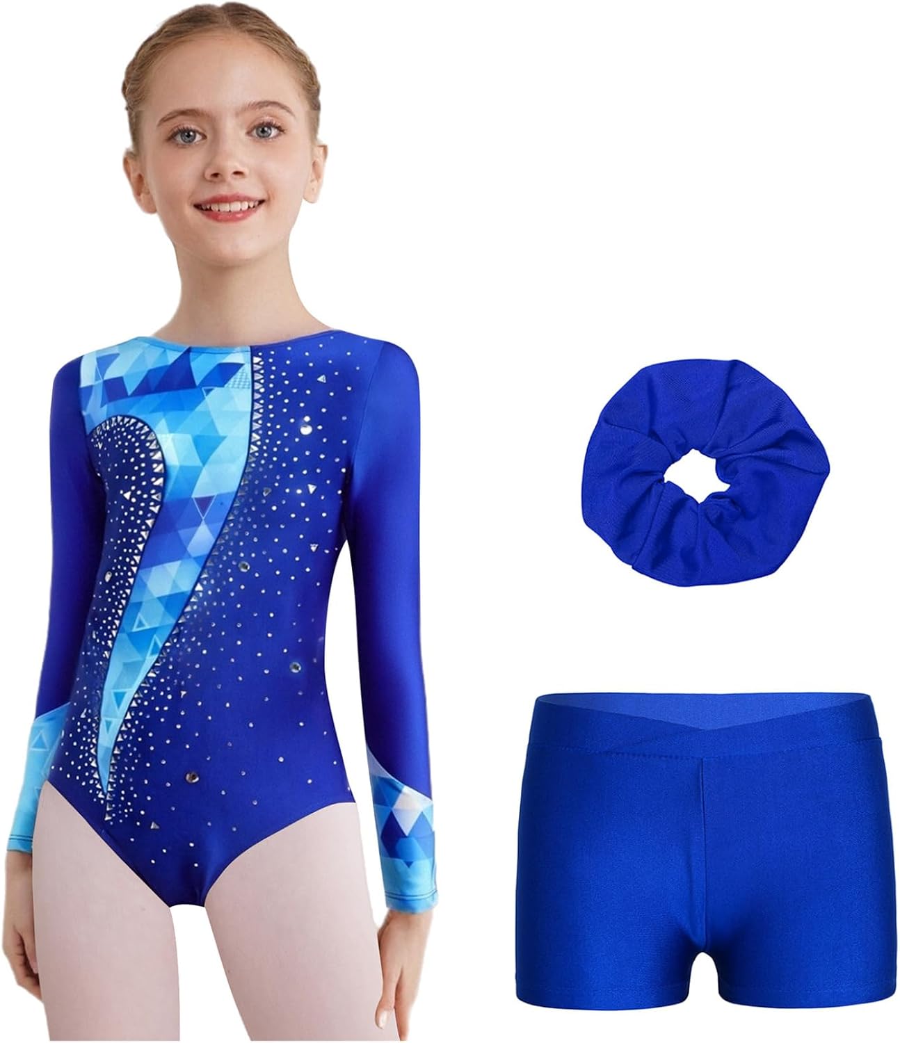 Kids Ballet Unitard Set Shiny Rhinestone Long Sleeve Gymnastics Leotard with Shorts
