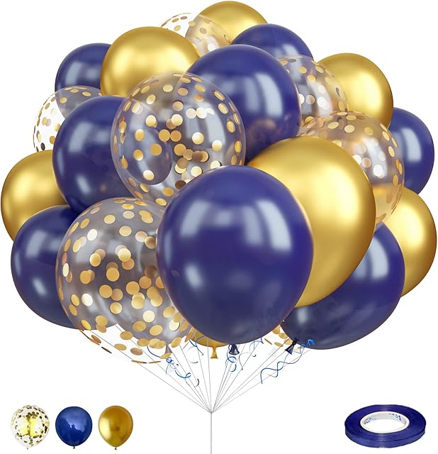 Balloons Navy Blue and Gold, 12 Inch Navy Blue Metallic Chrome Gold and Confetti Latex Balloons, Blue Gold Party Balloons Helium Balloon Set for Boys Birthday, Wedding, Baby Shower Party Decorations