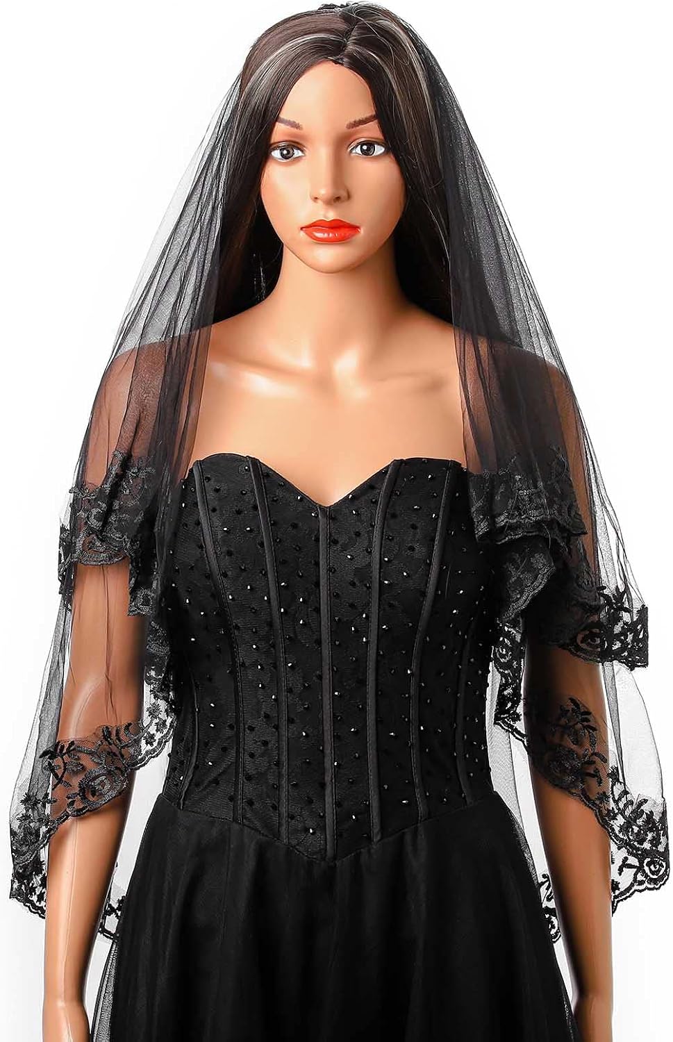 Acenail Black Wedding Lace Short Bridal Fingertip Women's Halloween Veil with Comb