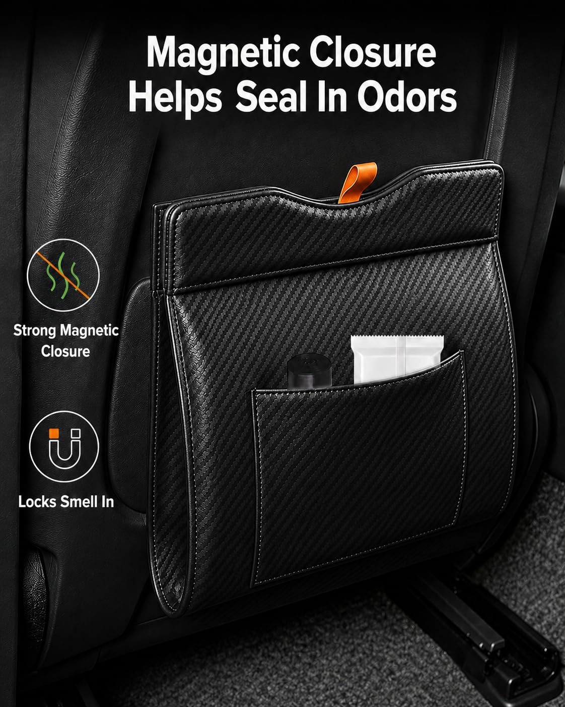 COZILO Leather Car Trash Can, Leak-Proof Odor-Lock Car Garbage Can with 60 Liners, Magnetic Closure & Liner-Hold, Storage Pocket, Metal Hooks, Hanging Car Trash Bin for SUV Sedan Truck, Carbon Fiber