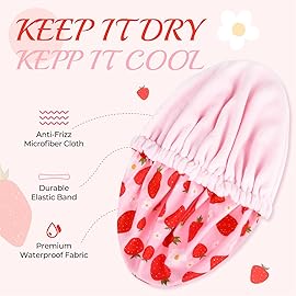 Shower Cap for Women Terry Lined Bath Cap Large Reusable Waterproof Elastic Band Pink Strawberry Shower Caps for Long Thick Hair Soft Bath Shower Hair Caps
