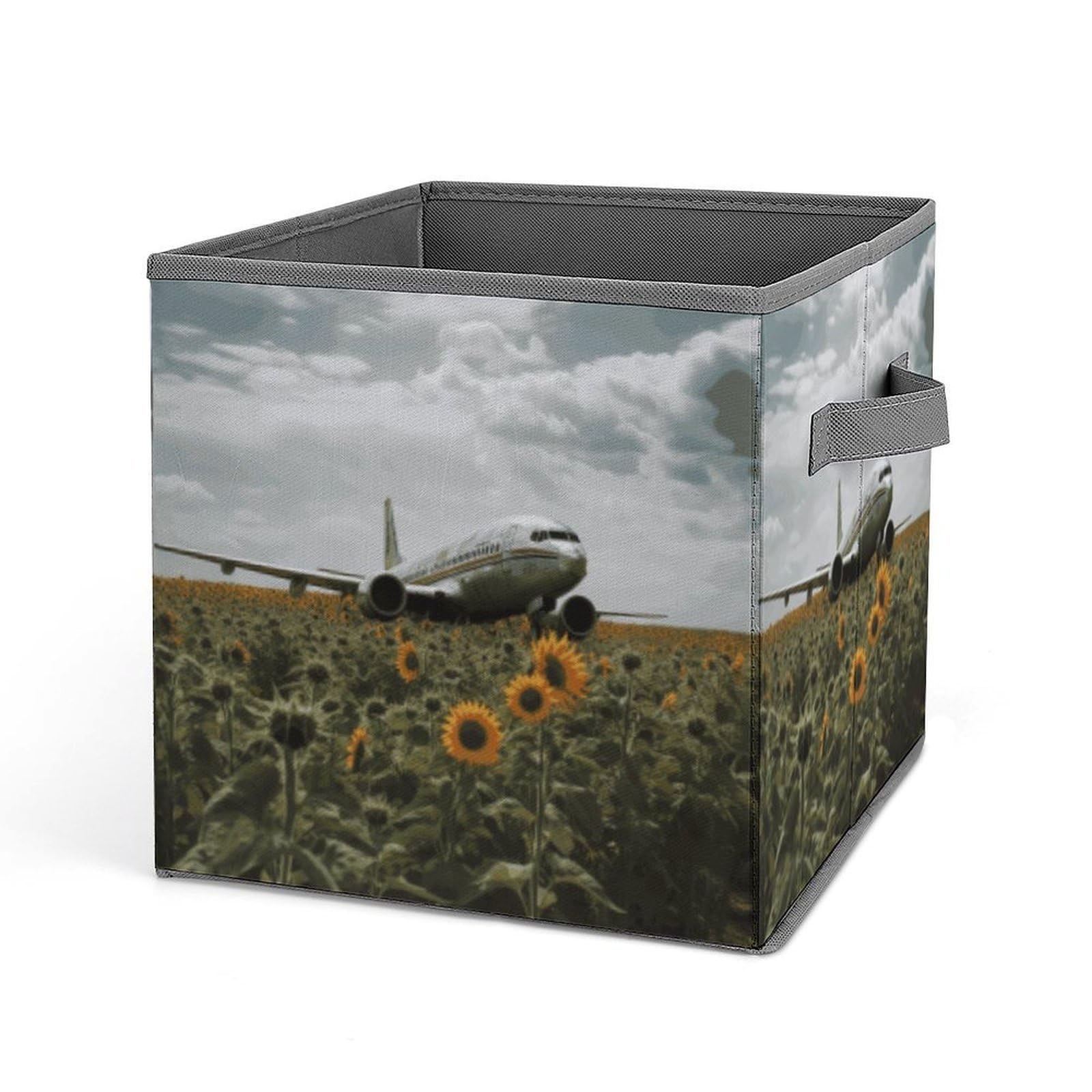 Plane Flies to Sunflower Field Cube Storage Bins - 11 Inch Heavy Duty Fabric Closet Bins for Shelves, Cube Organizer - Collapsible Storage Boxes with Handle Decorative Clothing Storage Baskets