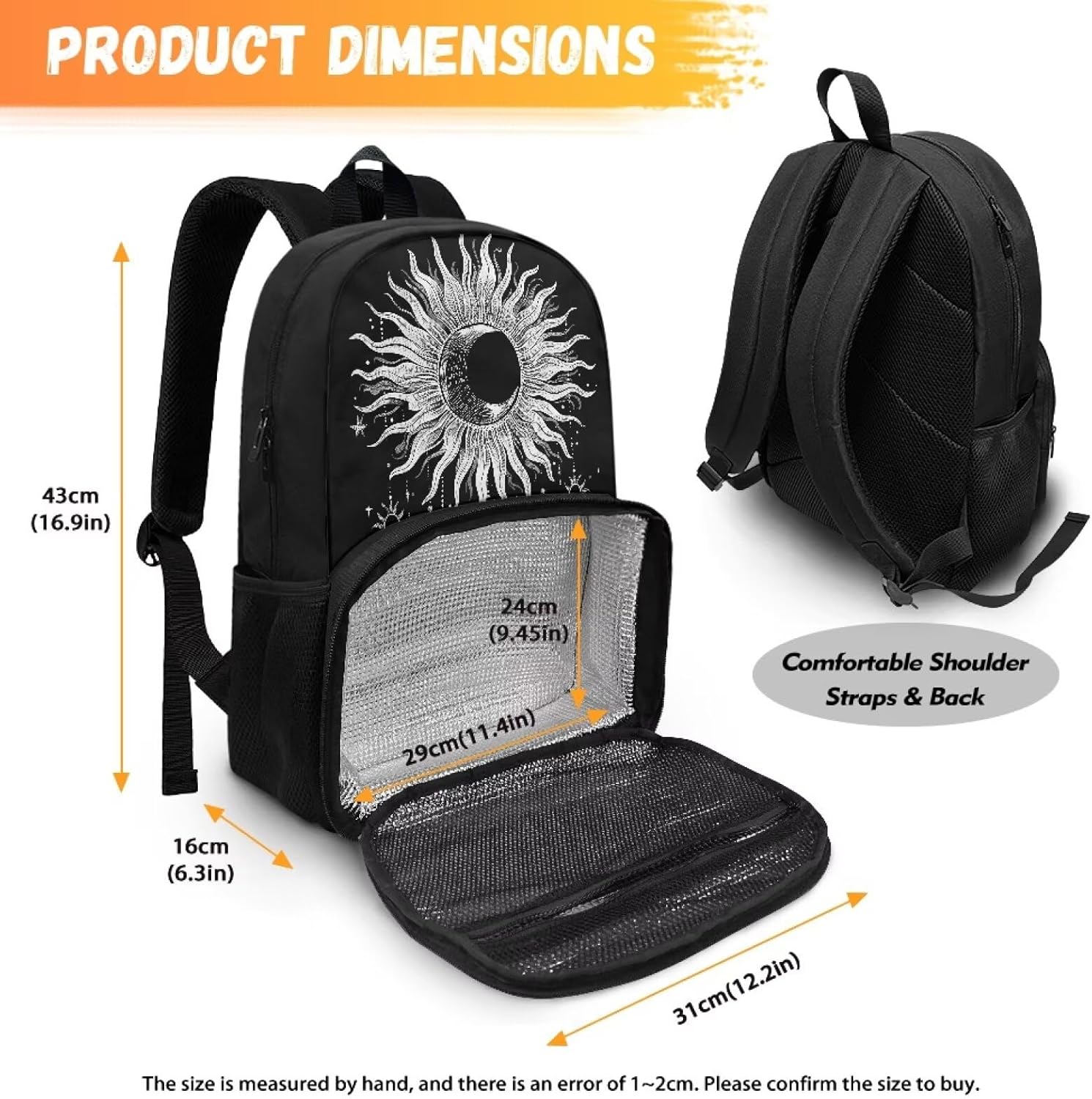 All-in-One Backpack with Lunch Compartment Gothic Sun Moon 17 Inch Lunch Bag Backpack for Girls Boys Insulated Lunch Compartment School Bookbag Daypack for Kids Adults