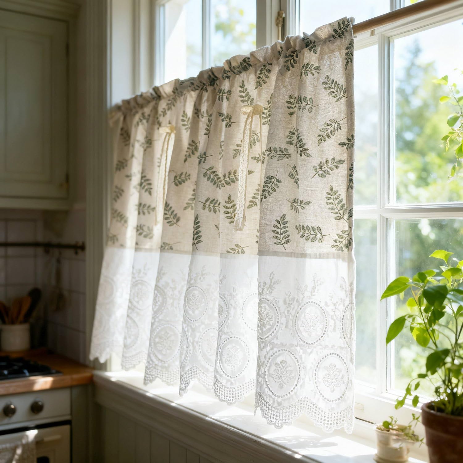 Vintage Kitchen Curtain Cotton Valance Rod Pocket Short Curtain for Small Windows Bathroom Leaves Printed Splice White Floral Embroidery Lace Farmhouse Window Treatment Tiers 1 Panel, W55 x L35 inch
