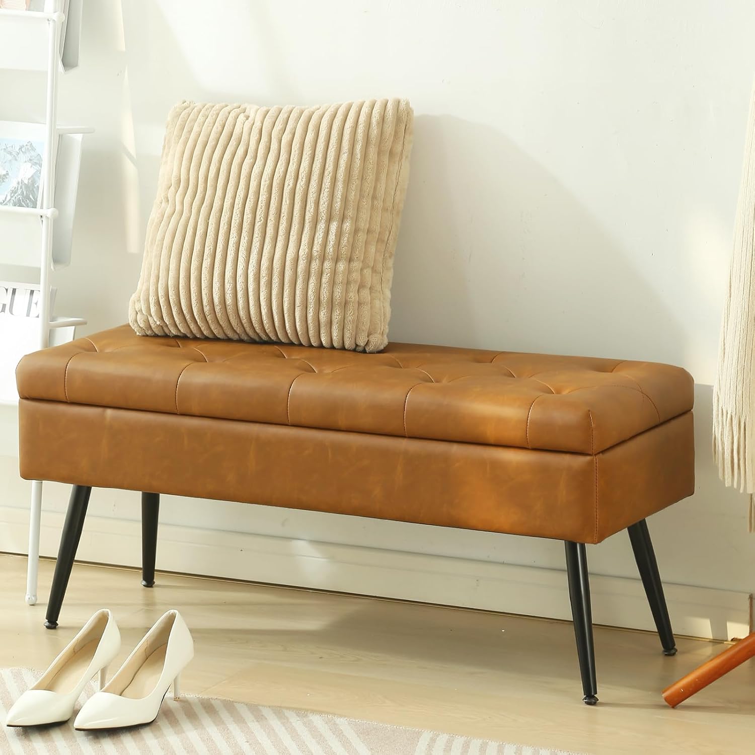 CUYOCA Storage Ottoman Bench, 40" Faux Leather Tufted Entryway Bench, Long Ottoman with Storage for Living Room, Support 660lbs - Cognac Brown