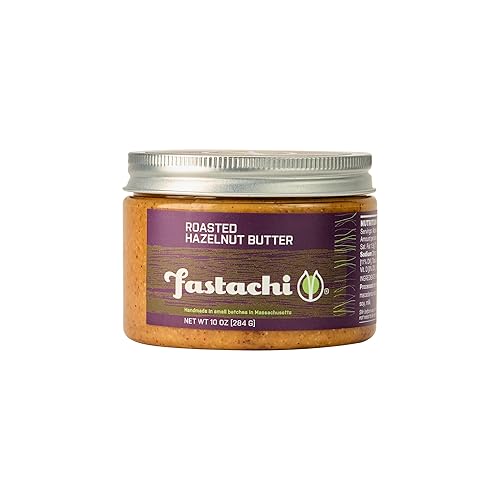 Fastachi Mantequilla de avellana tostada (10 onzas)  100% natural  Tostada a mano  Sin azúcar  Sin aditivos  Textura crujiente  Un solo ingrediente
