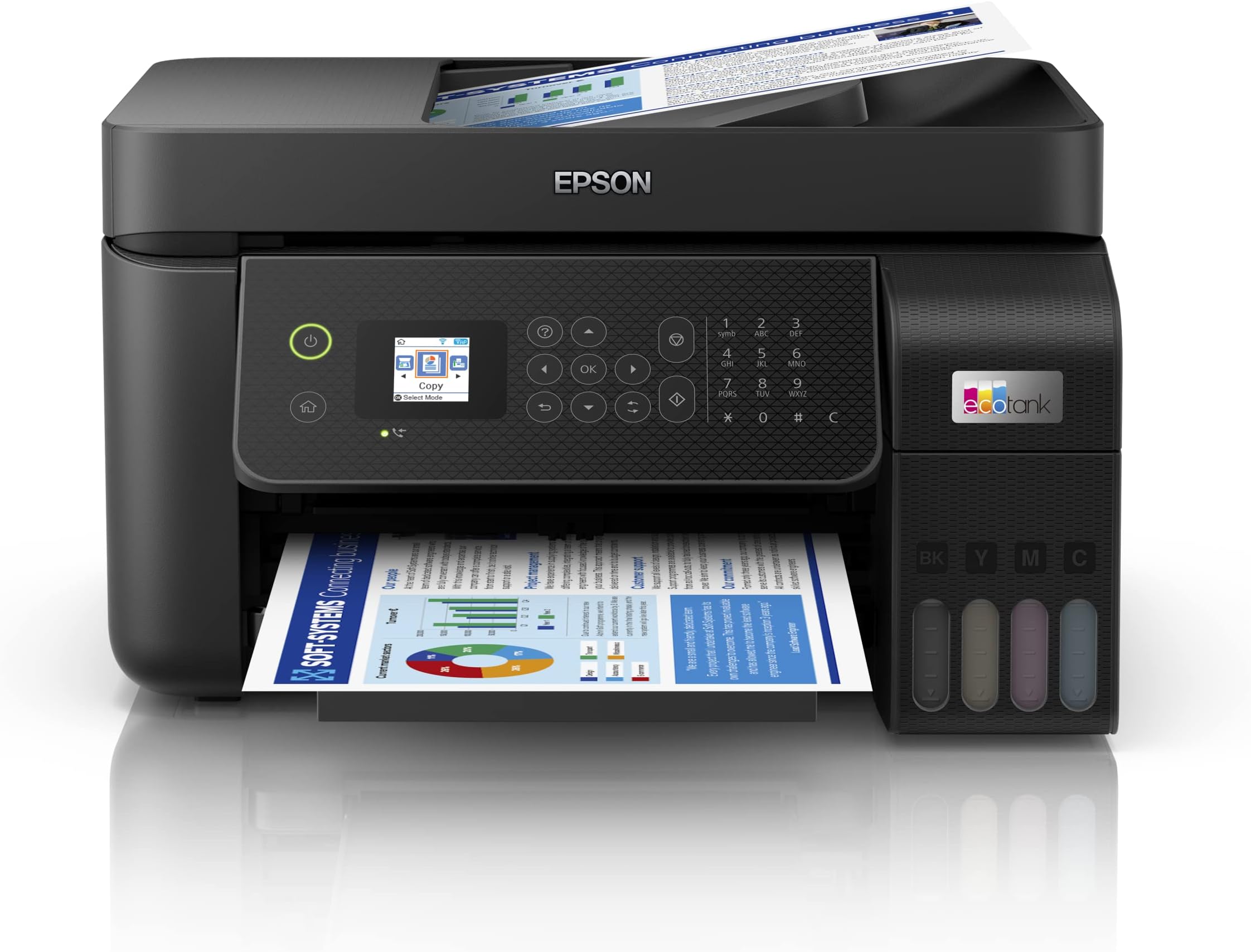 Epson EcoTank L5290 Office ink tank printer A4 colour 4 in 1 printer with ADF, Wi Fi and Smart Panel Connectivity and LCD screen, Black, Compact