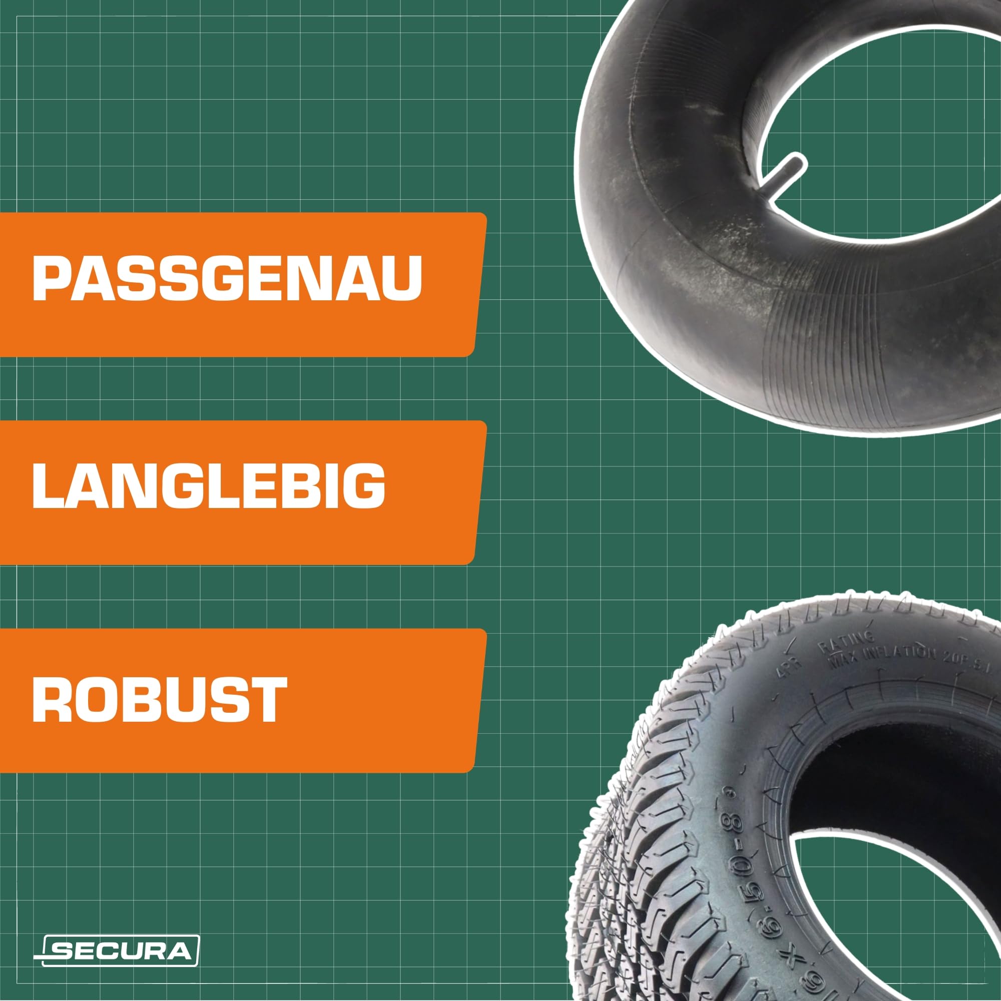 SECURA 2x Tubeless Reifen 16x6.50-8 inkl. Schläuche mit geradem Ventil TR13