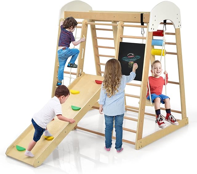 COSTWAY 8-in-1 Climbing Frame, Wooden Gym Activity Center with Slide, Ladder, Climbing Rock/Net, Monkey Bars, Drawing Board, Abacus Game and Swing, Indoor Climber Playset for Kids (Natural)