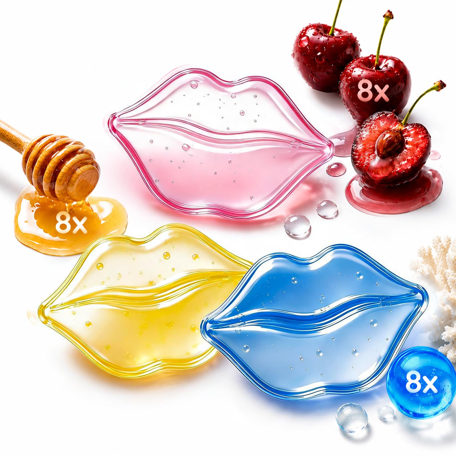 Set Maschere Labbra (24 pezzi) - Collagene Marino, Ciliegia e Miele - Maschera Labbra Idratante, Antirughe e Anti-età per Donne - Lip Masque - Cura della Pelle per San Valentino