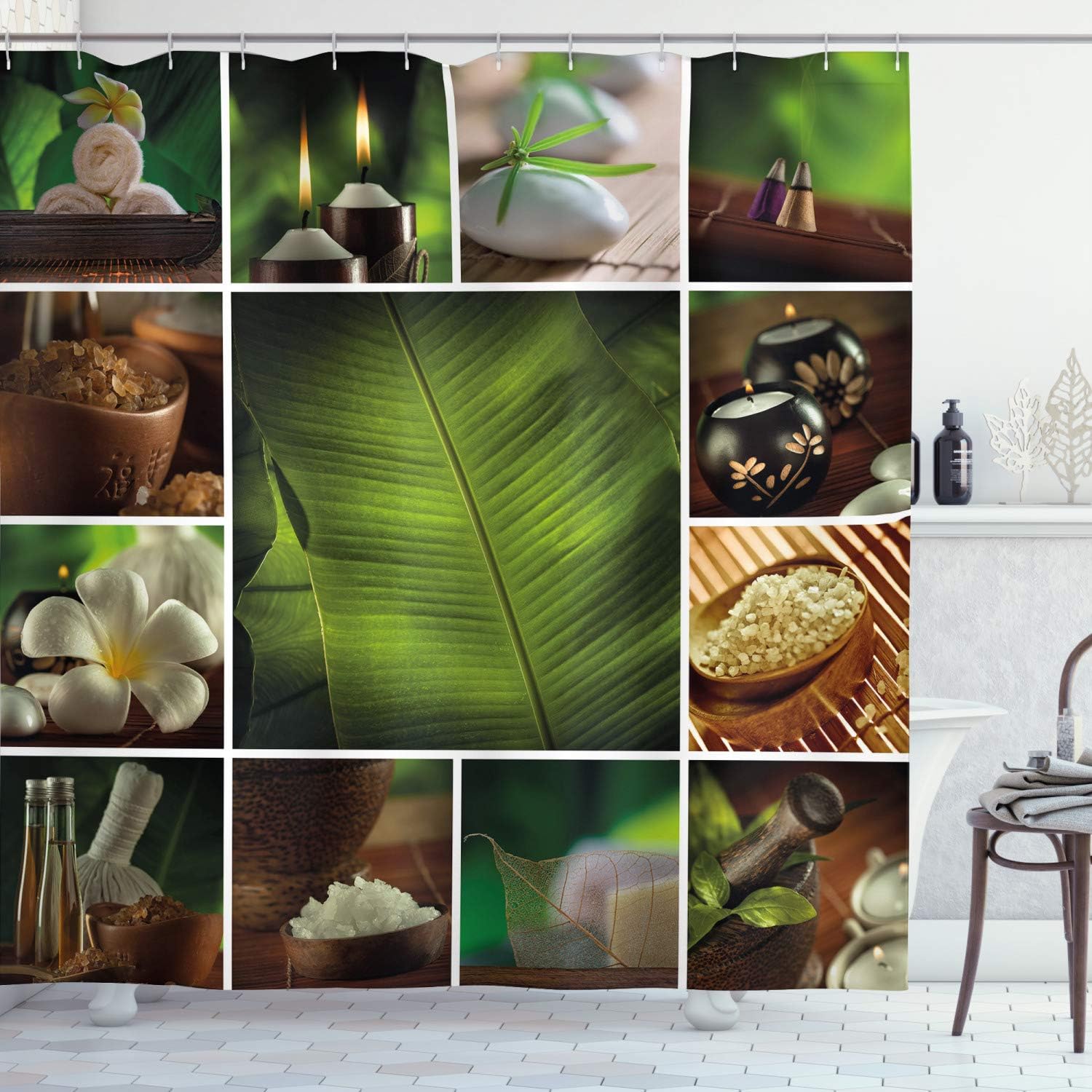 Ambesonne Spa Shower Curtain, Collage of Candles Stones Herbal Salts Towels Botanic Plants Design Print, Cloth Fabric Bathroom Decor Set with Hooks, 69" W x 75" L, Green White and Brown