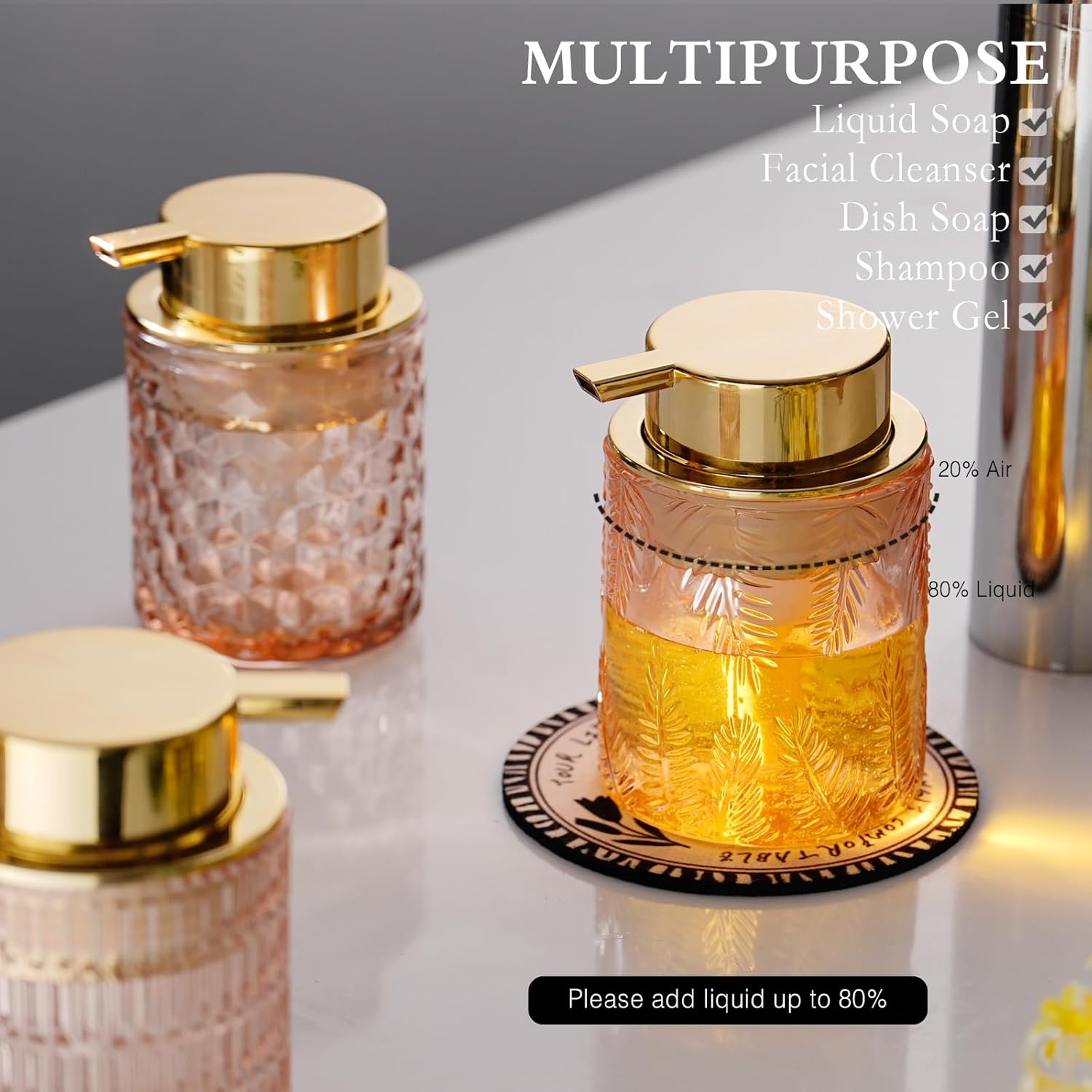 Glass Foam Soap Dispenser for Kitchen & Bathroom - Refillable Lotion Dispenser with Large Gold Pump (Leaf Pattern-Pink) - Image 3