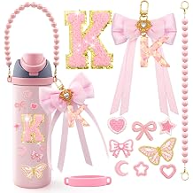 LBU 12PCS Letter Accessories for Owala Water Bottle 24/32/40oz with Cute Initial Keychain with Bow, Initial Sticker Charms, Peral Handle Strap, Decorations for Kids Owala FreeSip