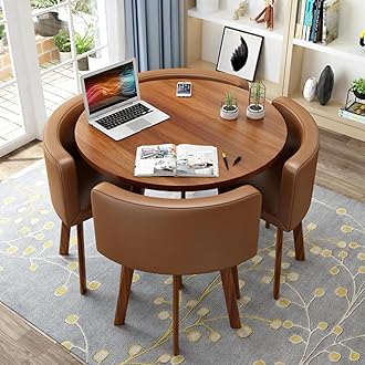 Round Kitchen Dining Table Set for 4, Space Saving Table and Chairs Set with Thick Tabletop 4 Upholstered Chairs, Dinning Room Modern Casual Coffee Table Set(D 31.5inch/80cm, PU CoffeeA)