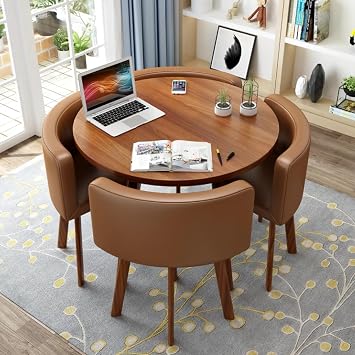 Round Kitchen Dining Table Set for 4, Space Saving Table and Chairs Set with Thick Tabletop 4 Upholstered Chairs, Dinning Room Modern Casual Coffee Table SetD 31.5inch/80cm, PU CoffeeA