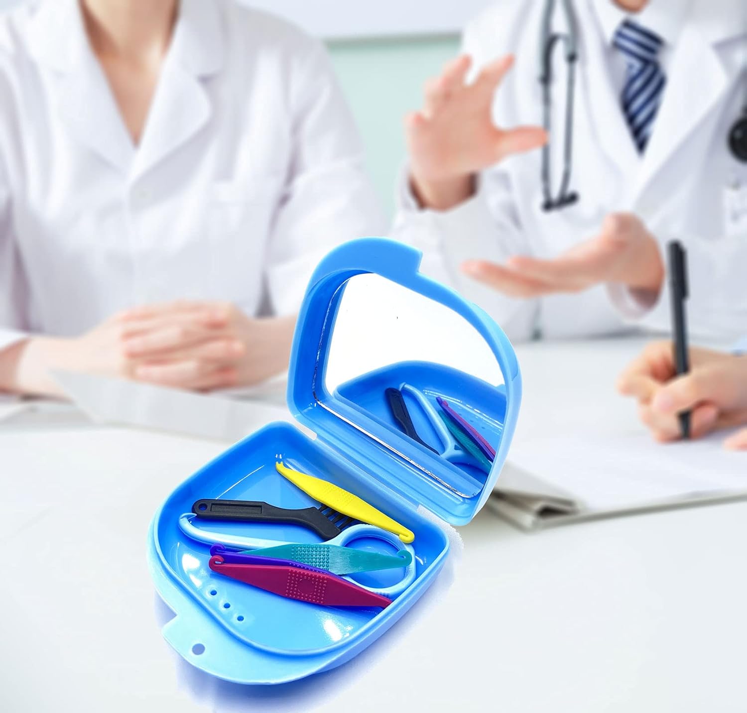 Oral Care Disassembly Kit/7pcs Including 1 Retainer Case With Mirror and Vent Holes | 1 Aligner Remover Tool | 4 Elastic Rubber Bands Placers | 1 Cleaning Brush (Blue)