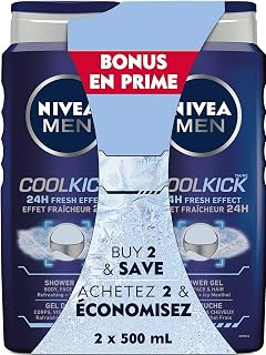 NIVEA MEN Cool Kick Body Wash | 3-in-1 Men Shower Gel (Body, Face & Hair), 2x500mL