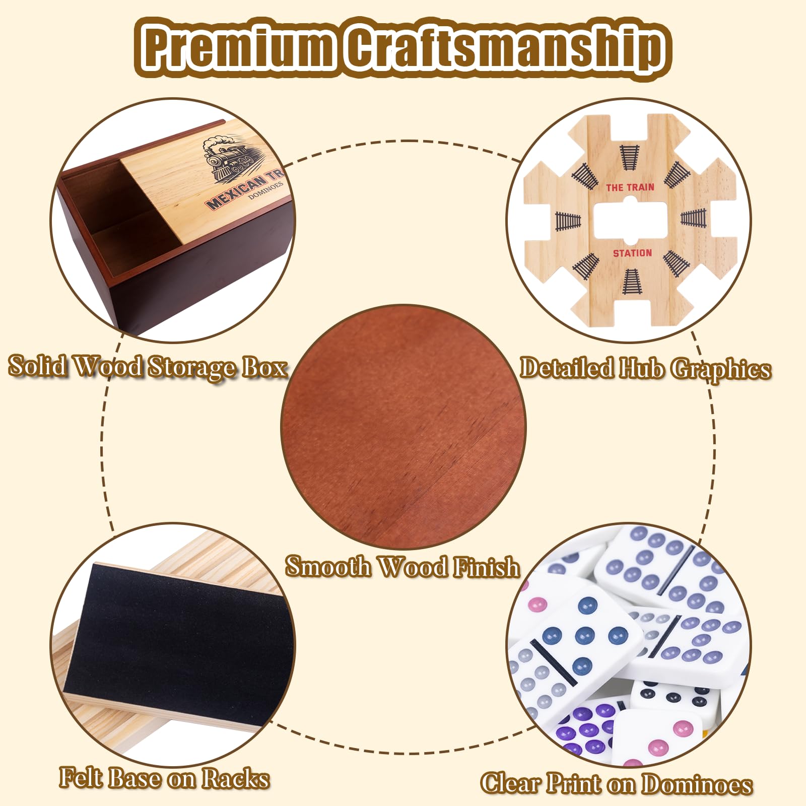 Extguds Mexikanischer Zug Set Doppel 15 - Holzfliesen für Erwachsene, Reise Mexikanischer Zug Spiel mit 136 Spielsteinen, Holznabe, 8 Metalleisenbahnmarkierungen & Scorepad, und 8 Fliesenhalter
