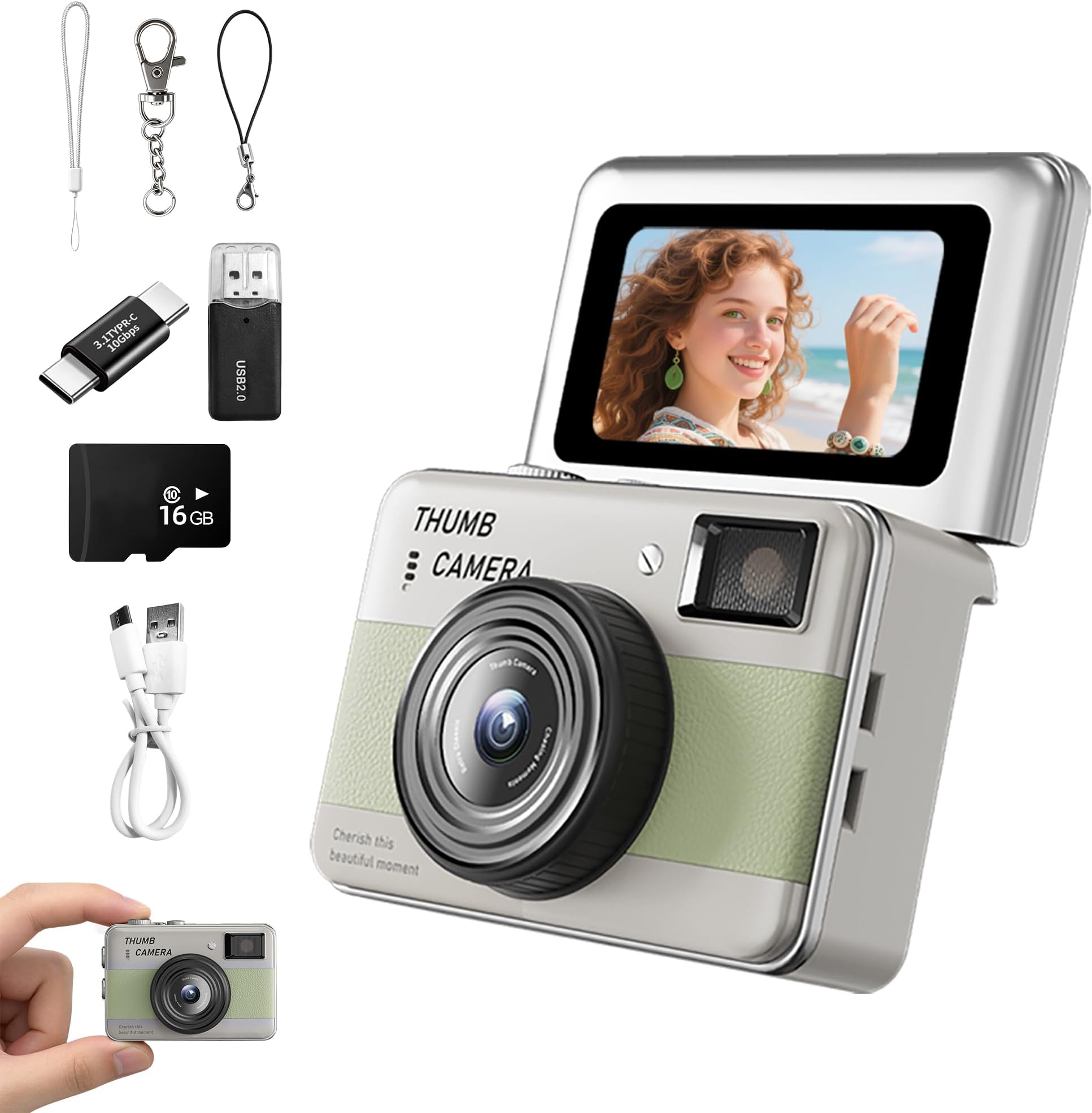 Mini Keychain Camera - HD Thumb Camera, 1.47-inch Flip Screen | Multiple Shooting & Recording Modes | Portable Digital Camera with SD Card for Travel, Party | Ideal Fashion Pendant Gift