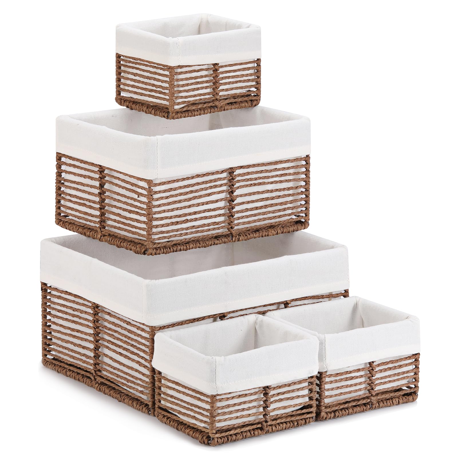 Vagusicc Wicker Storage Basket, Set of 5 Hand-Woven Display Hamper Basket, Nesting Natural Wicker Organizer Baskets, Storage Boxes Bin, Small Wicke Baskets for Shelves Closet, (Brown, L+M+S)