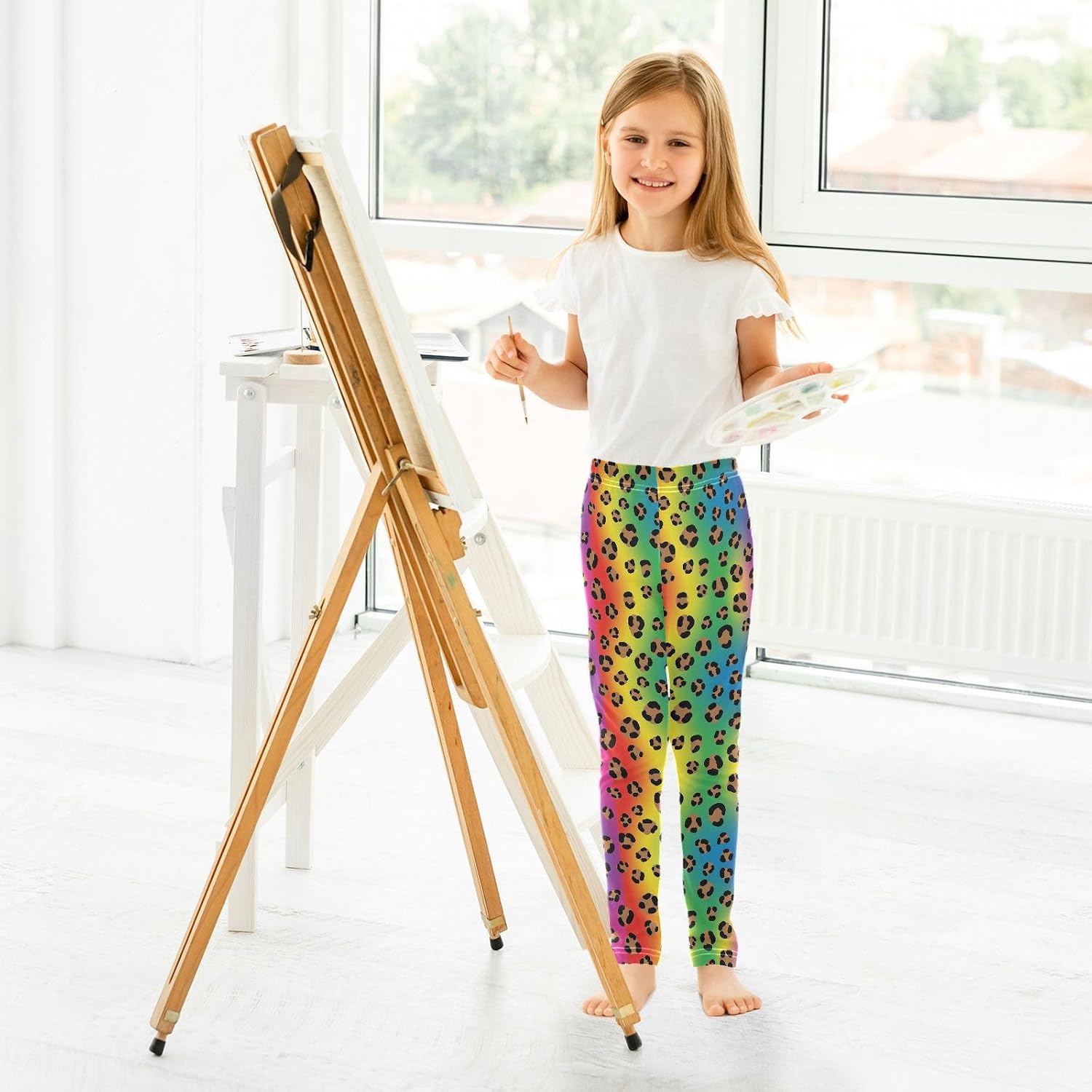 Girls Leggings Leopard Rainbow Retro Cheetah Print Printed Yoga Workout Pants Dance Tights Kids Bottoms Ankle Length 5T