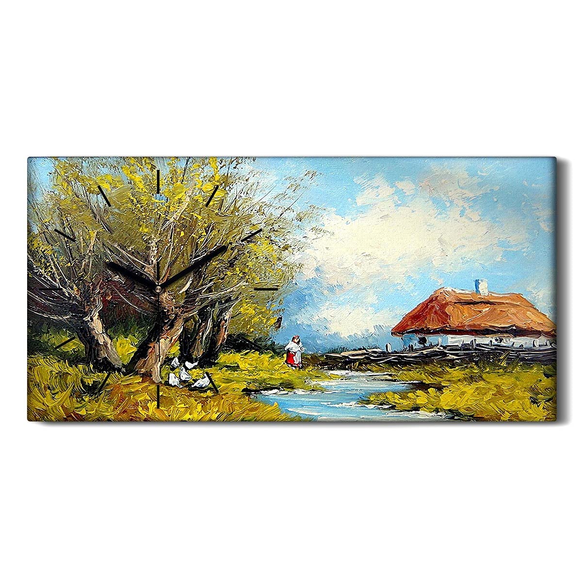 Horloge sur toile moderne paysage de village pour chambre zen