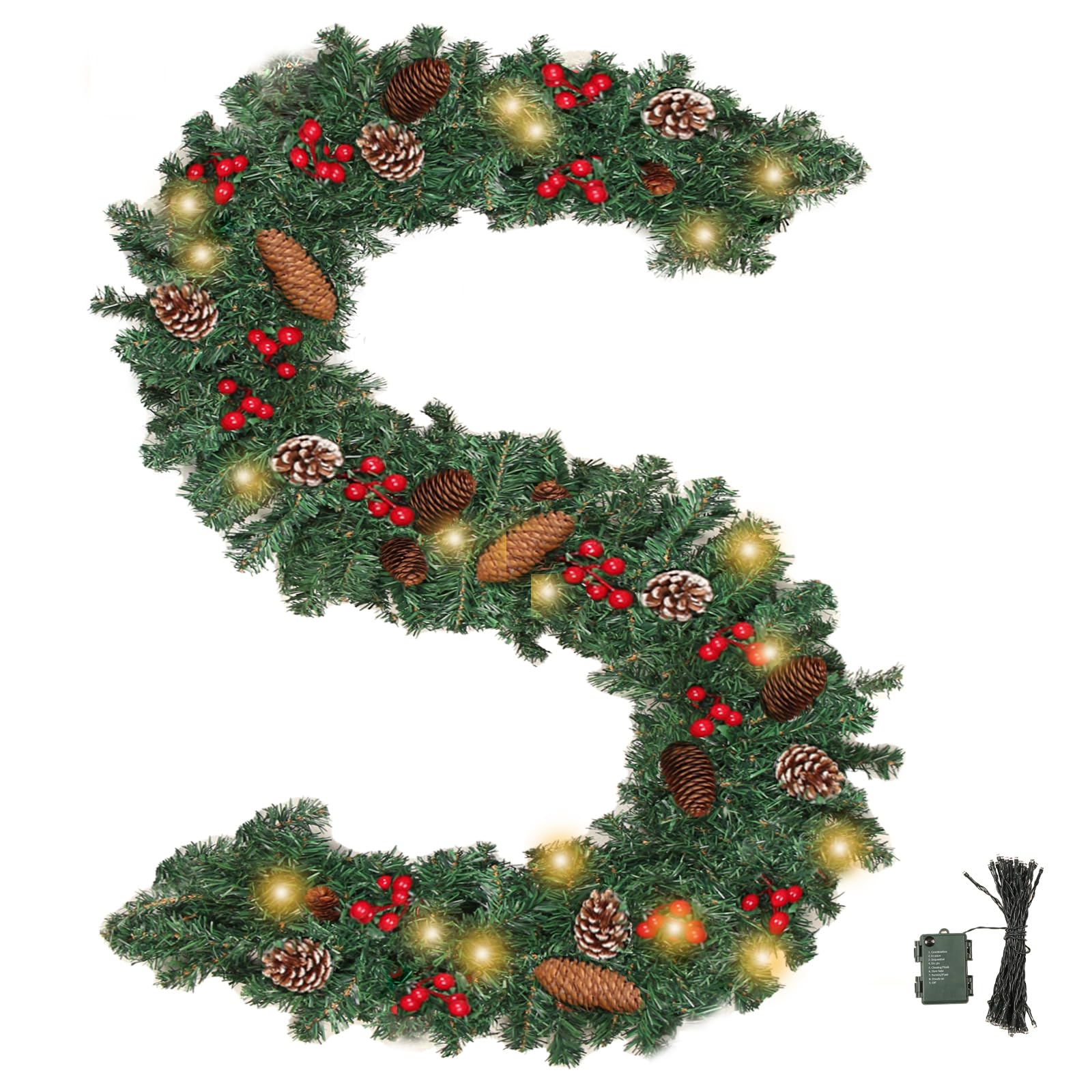 ZIFTY 9FT Christmas Garland with 50LED String Lights Battery Timer Operated Pre-lit Christmas Garland Greenery Pine Garland Xmas Mantle Garland for Fireplace Holiday Home Indoor Outdoor