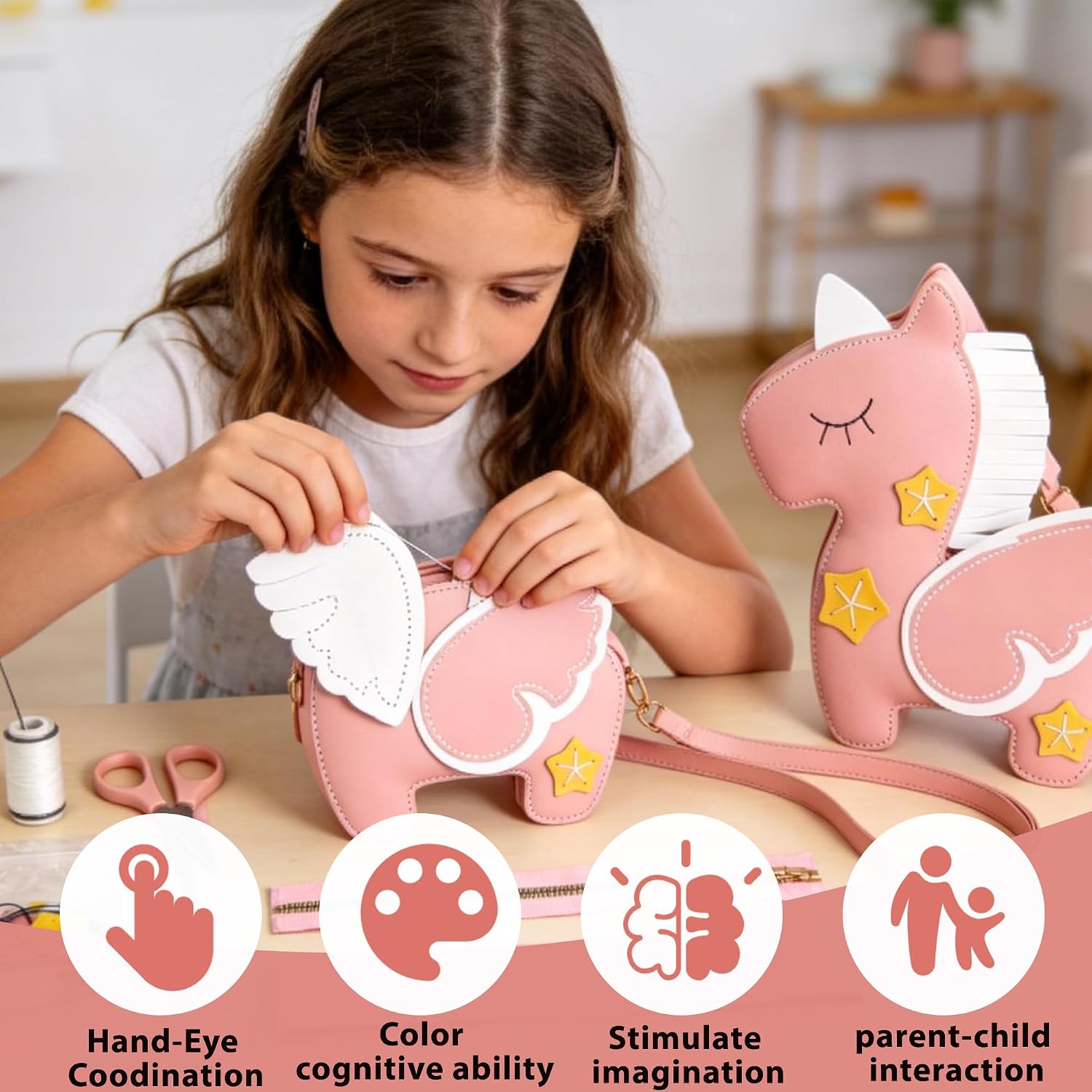RivanPal DIY Unicorn Crossbody Bag Making Kit, DIY Sewing Kit, Leather Handbag Purse with All Accessories, Novelty Purse, Princess Handbags, Crossbody Bag for Girl (Pink)