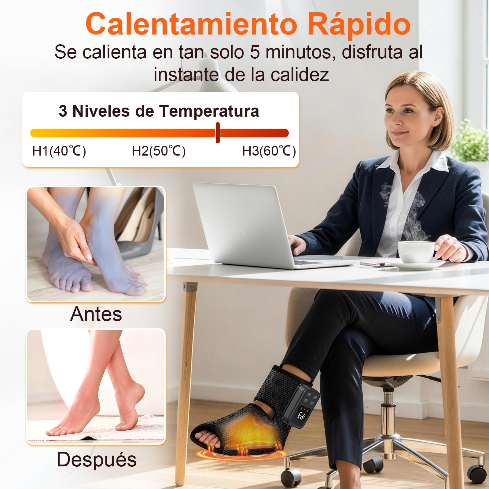 Masajeador Pies 3-en-1, Compresión, Calor, Vibración, 40-60°C | 3-en-1 con compresión, calor & vibración, 40-60°C, para planta, empeine & tobillos – relajante y reconfortante.