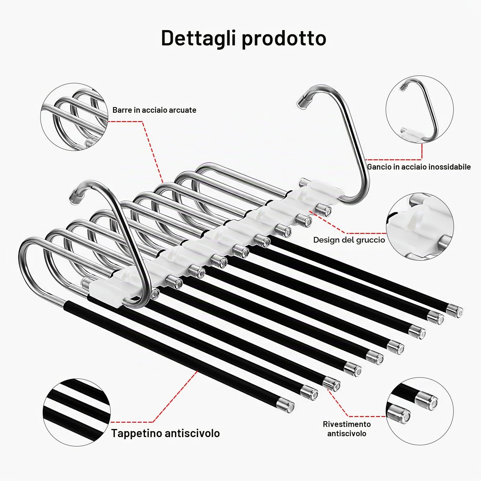 Loputon Grucce Pantaloni, 2 Pezzi Grucce Appendiabiti Pantaloni Salvaspazio in Acciaio Inox Antiscivolo Multifunzione Appendini Per Pantaloni Sciarpe, Jeans, Vestiti - Nero con 14 Appendini