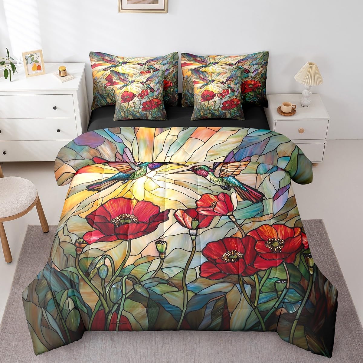 Hummingbird 7 Pcs Comforter Set,Rustic Garden Poppy Red Flowers Botanical Bedding Set,Artistic Stained Glass Style Patchwork Bed Set(Comforter+Fitted+Flat Sheet+Pillowcases+Pillow Covers),Full