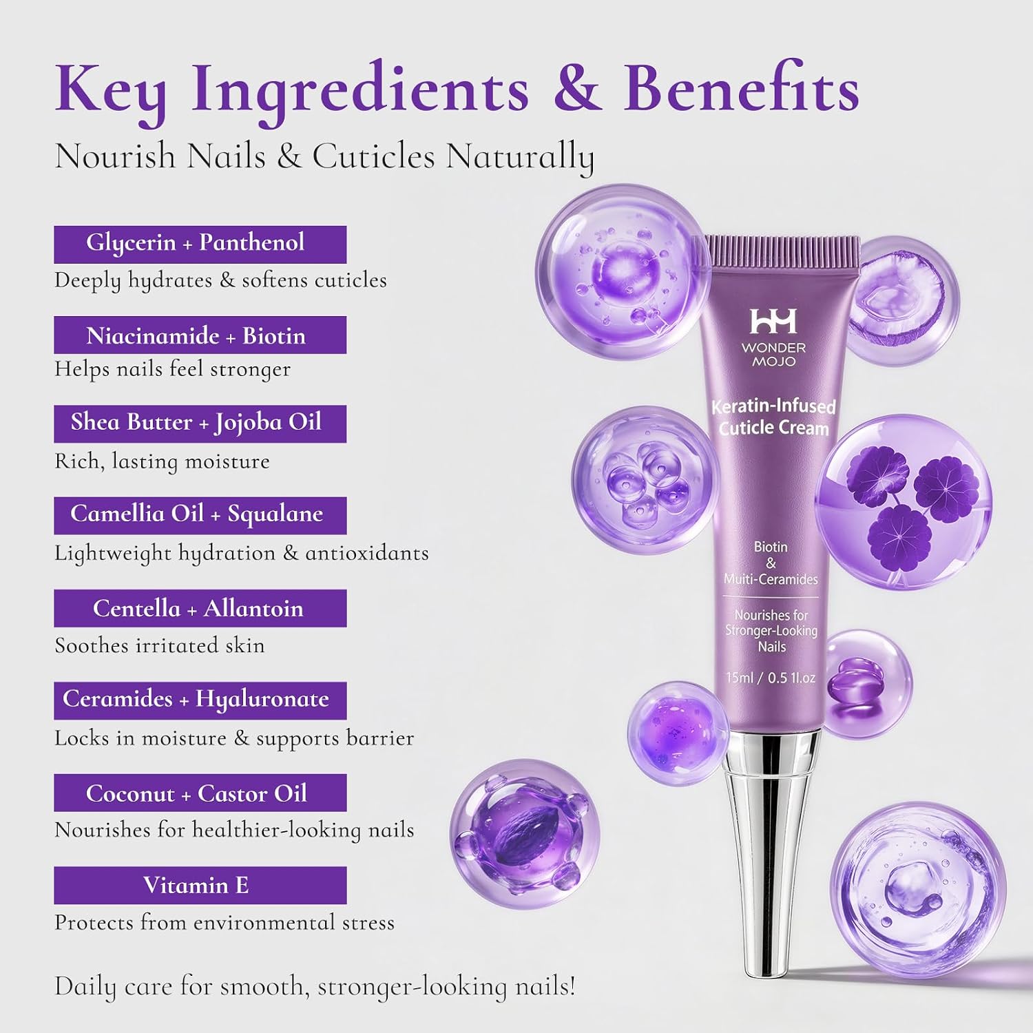 Nail & Cuticle Cream with Keratin, Biotin & Ceramides, Non-Greasy Cuticle Moisturizer for Dry Cracked Cuticles, Daily Nail Care After Manicures, 0.5 Fl Oz, Pack of 1
