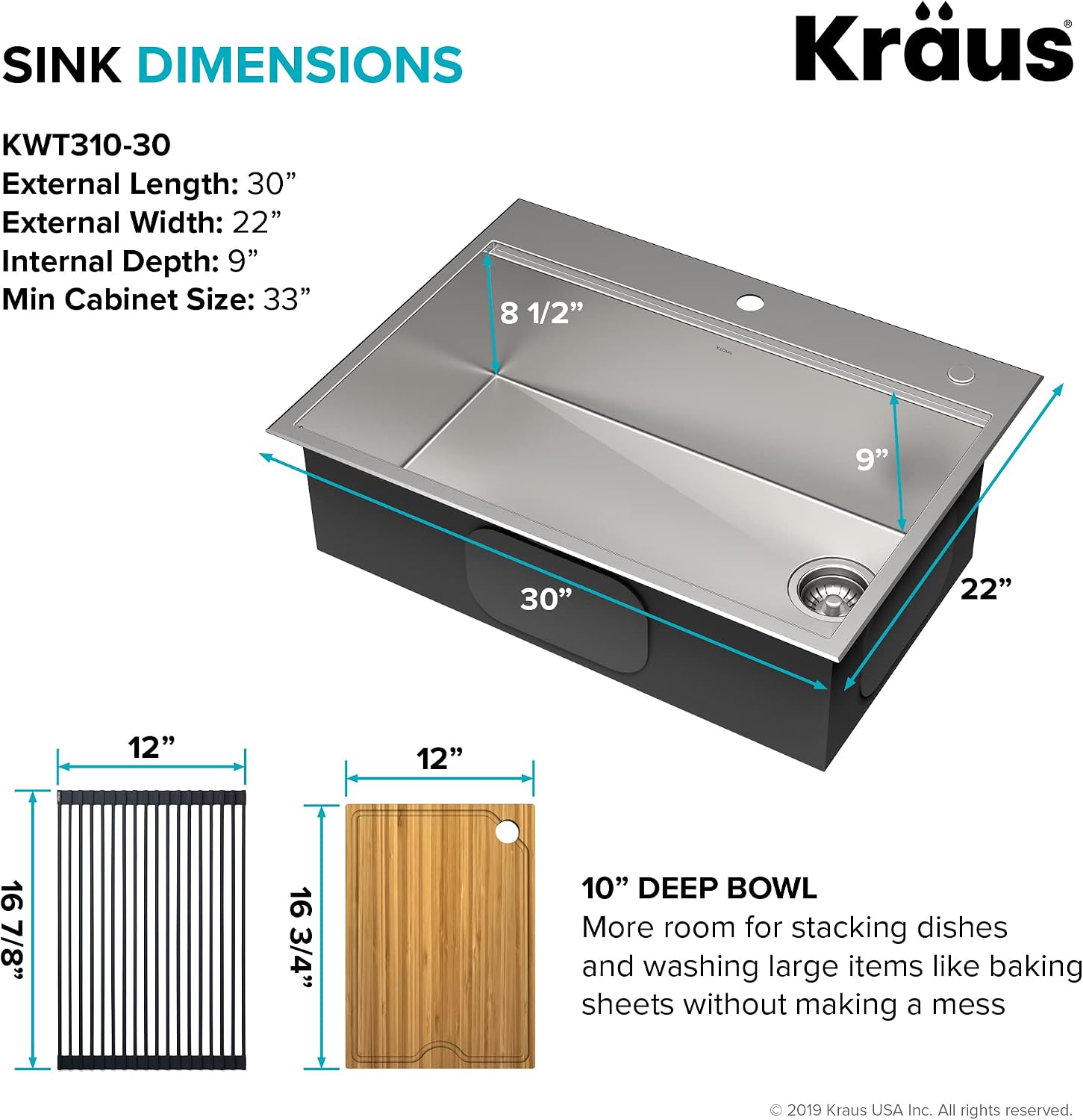 KRAUS Kore™ Workstation 30-inch Drop-In 16 Gauge Single Bowl Stainless Steel Kitchen Sink with Accessories (Pack of 5) with WasteGuard™ Continuous Feed Garbage Disposal, KWT310-30-100-75MB