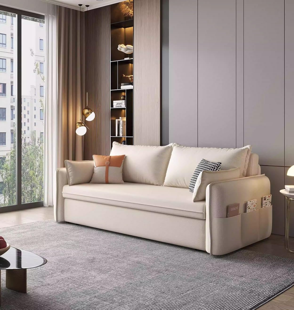 Foldable sofa bed dual-use multi-functional small apartment living room double technology cloth storage sitting and lying pull-out Internet celebrity (Off-White Width1.76M)