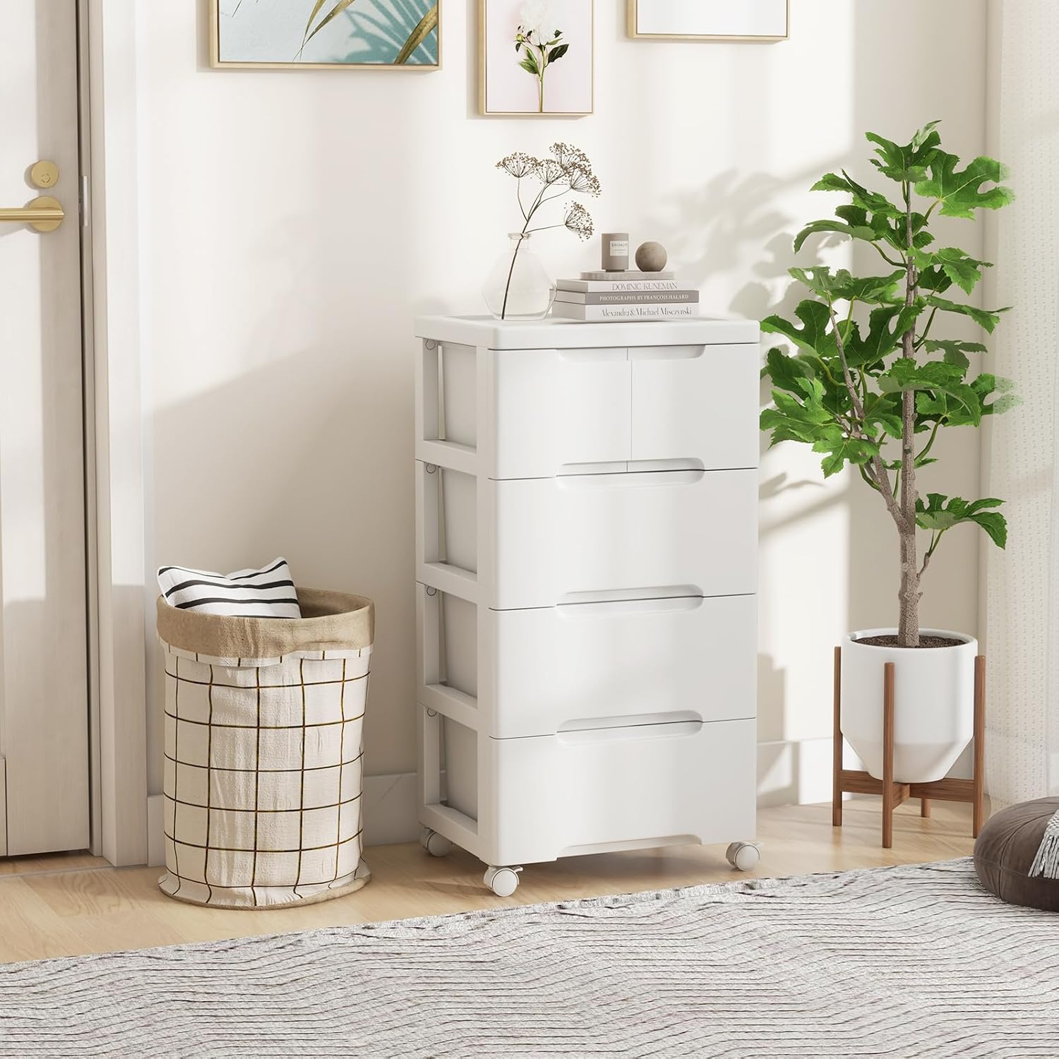 LOKO 5-Drawer Plastic Rolling Storage Cart, Mobile Storage Cabinet with 4 Universal Wheels, Vertical Storage Tower Container Unit for Living Room, Home Office, White (16”x13”x31” (5 Drawers))